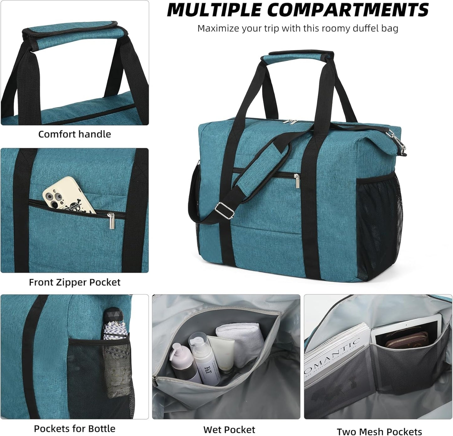 Travel Duffel Bag for Women Men,Sports Tote Gym Bag With Wet Pocke,Foldable Carry on Luggage Bag,Blue