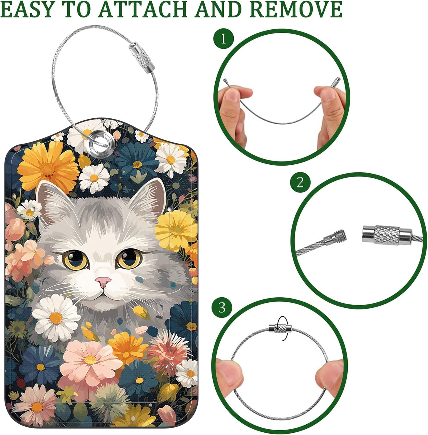 2 PCS Leather Luggage Tags for Suitcase Beautiful Cat Flowers Travel Luggage Tag with Privacy Flap Name ID Label and Metal Loop for Travel Bag Suitcase