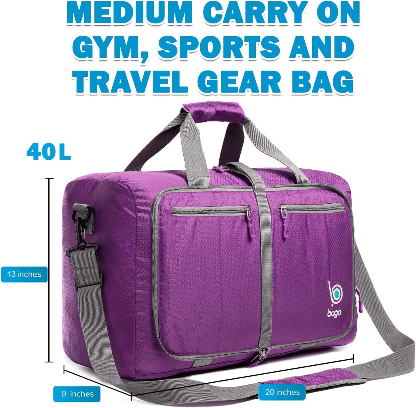 Bago Foldable Duffel Bags for Traveling Women & Men - 40L Sports Packable Duffle Bag for Travel with Shoe Compartment - Water Repellant, Heavy Duty, Lightweight Folding & Collapsible (Purple)