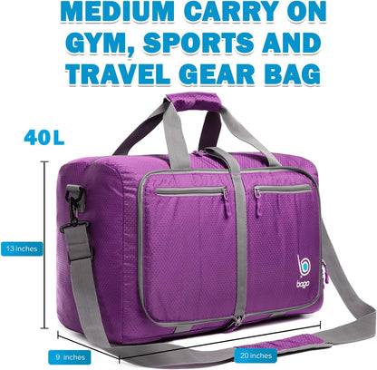 Bago Foldable Duffel Bags for Traveling Women & Men - 40L Sports Packable Duffle Bag for Travel with Shoe Compartment - Water Repellant, Heavy Duty, Lightweight Folding & Collapsible (Purple)