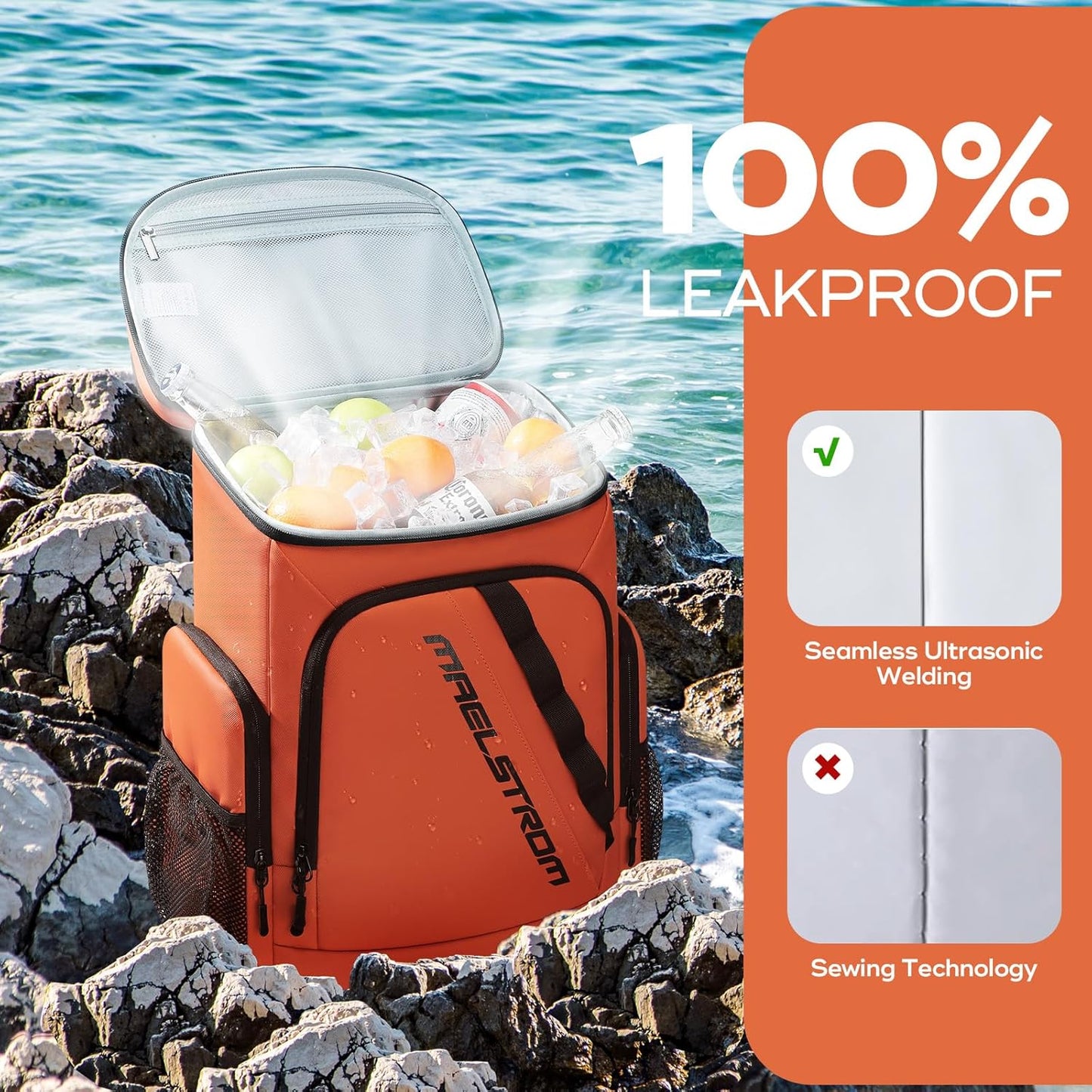 Maelstrom Backpack Cooler,36 Can Cooler Backpack,Soft Cooler Bag Insulated Leakproof,Lightweight Ice Chest Backpack,Travel Cooler Lunch Backpack for Camping,Hiking,Beach,Orange