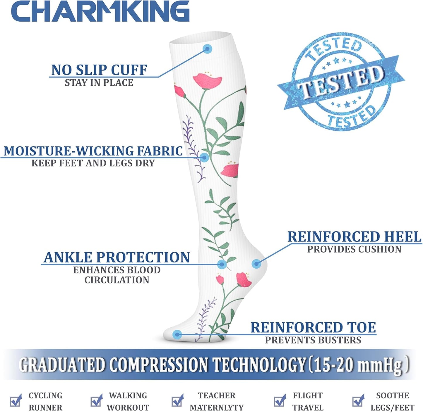 CHARMKING Compression Socks for Women & Men Circulation (3 Pairs) 15-20 mmHg is Best Support for Athletic Running Cycling