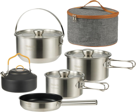 Camping Cookware Set 304 Stainless Steel 10pcs Pots & Pans,Kettle, Travel Mesh Bag for Camping, Trekking, Backyard Picnic & Backpacking Gear