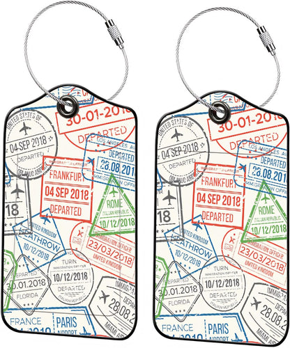 Luggage Tags for Suitcases, 2-Pack PU Leather for Cruise & Travel, Baggage ID Tags with Privacy Cover & Address Card, Durable Metal Ring, Kids Adults Travel Accessories, Global Stamps