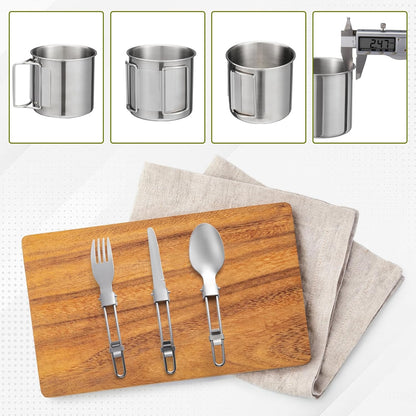 Camping Cookware Kit Backpacking, 0.33Gal Pots and 0.17Gal Pans Set,0.08Gal SUS304 Cup, Forks Knives Spoons for Hiking,Camping,Outdoor Cooking,Picnic,Solo Camping cookware