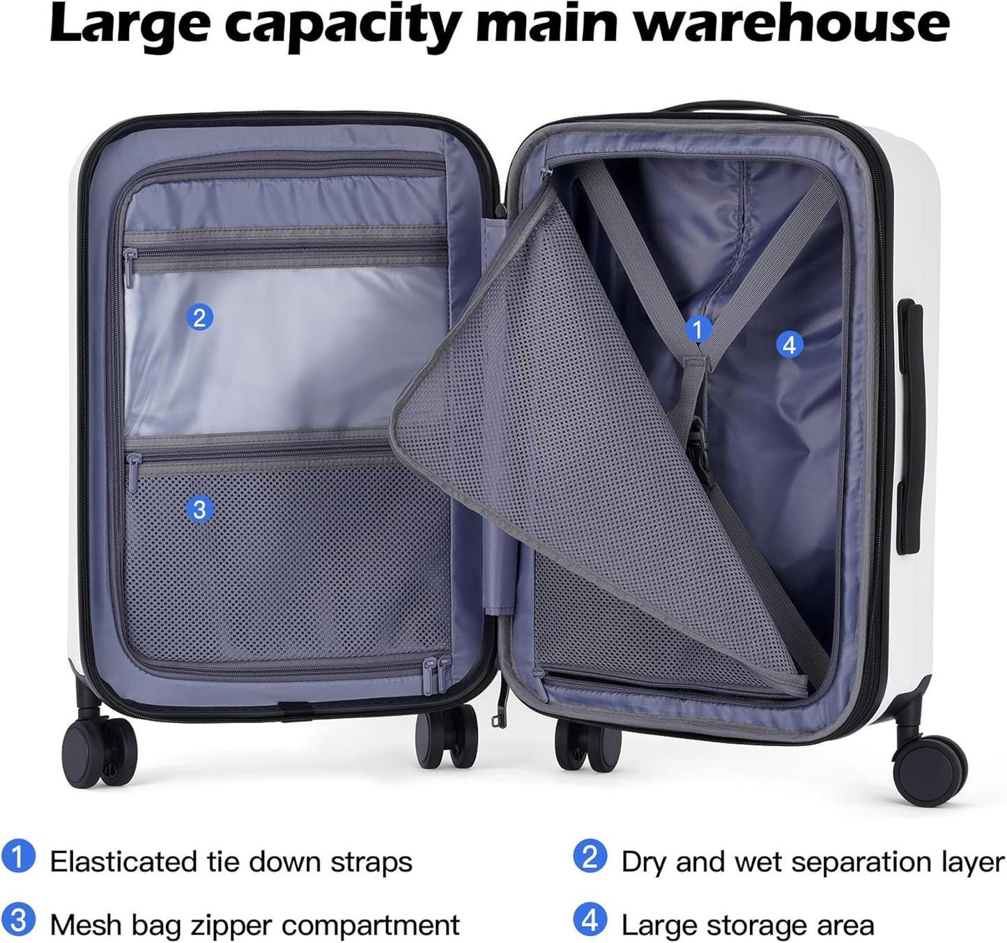 BISON DENIM 20 Inch Carry On Luggage, PC Lightweight Hardside Expandable Carry-On Luggage Airline Approved With Spinner Wheels, Front Compartment, Cup Holde, TSA-approved Lock, USB Port, Black