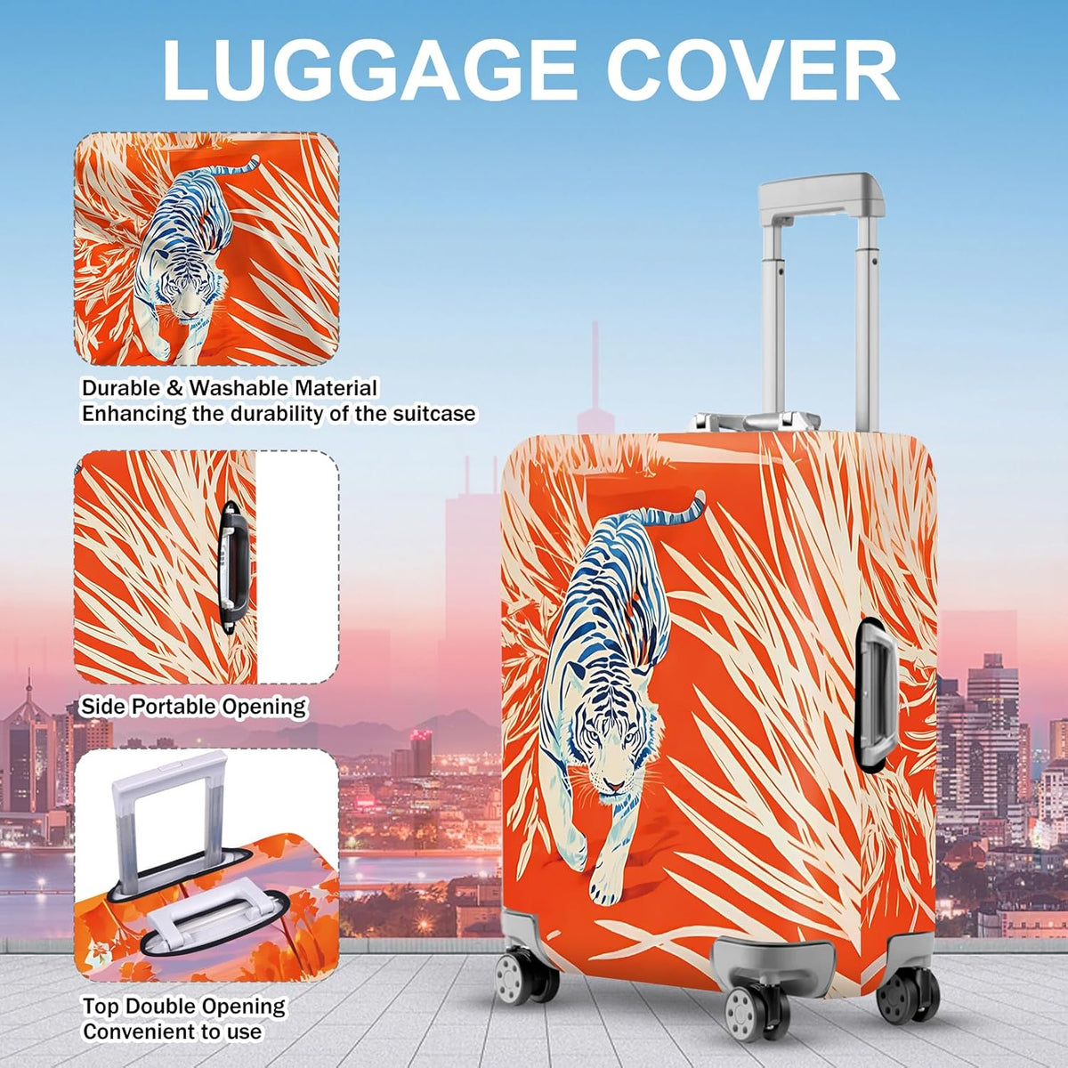 ANNA QUEEN Funny White Tiger Luggage Cover, Suitcase Protector with Bold Jungle Animal Print, Stretchable, Washable Travel Cover for 32-34 Inch Luggage