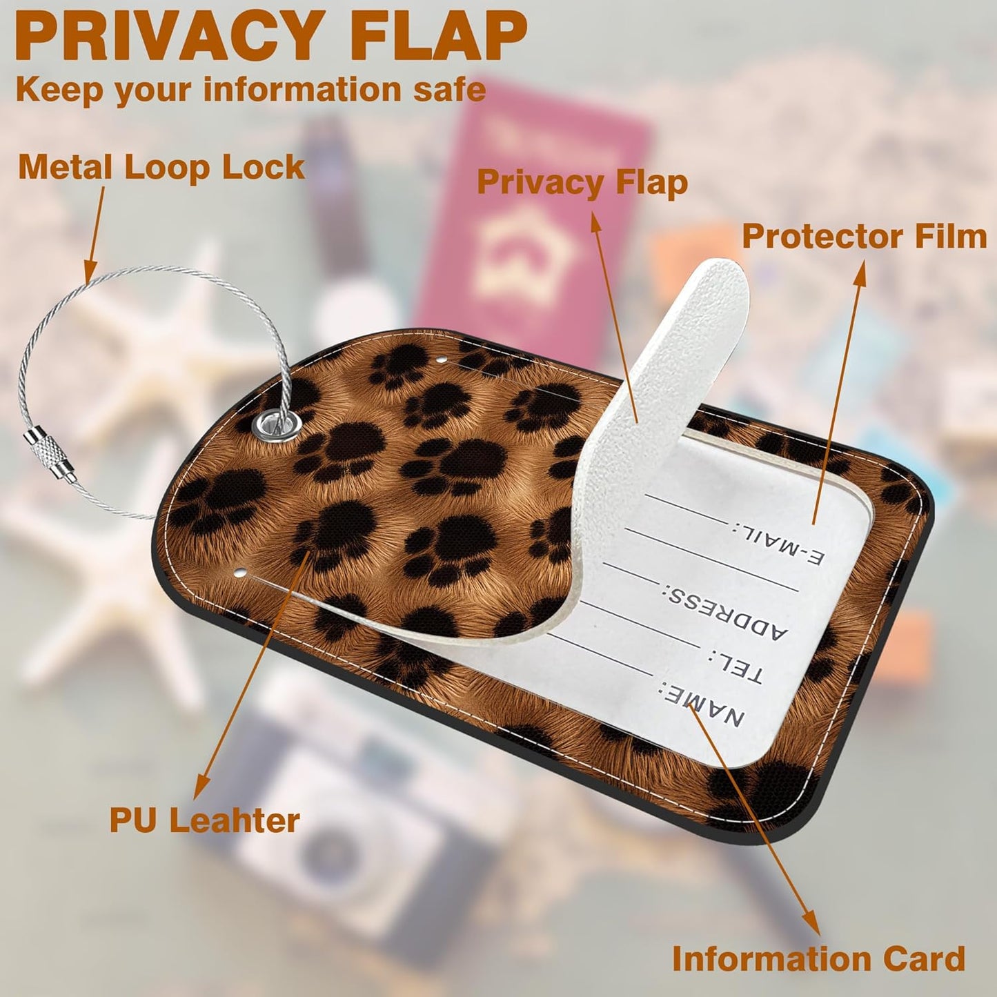 Brown Black Animal Print Paw Prints Leather Luggage Tag for Suitcase 2 Pack Luggage Tag with Privacy Name ID Label and Stainless Steel Loop for Travel Bag Suitcase