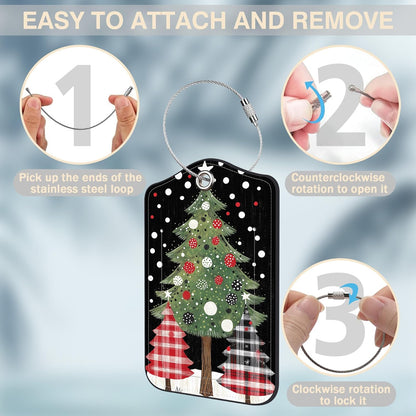 2 Pack Luggage Tags for Suitcases Christmas Tree Leather Luggage Tags Privacy Cover ID Label with Stainless Steel Loop and Address Card for Women Men Travel Bag Backpack