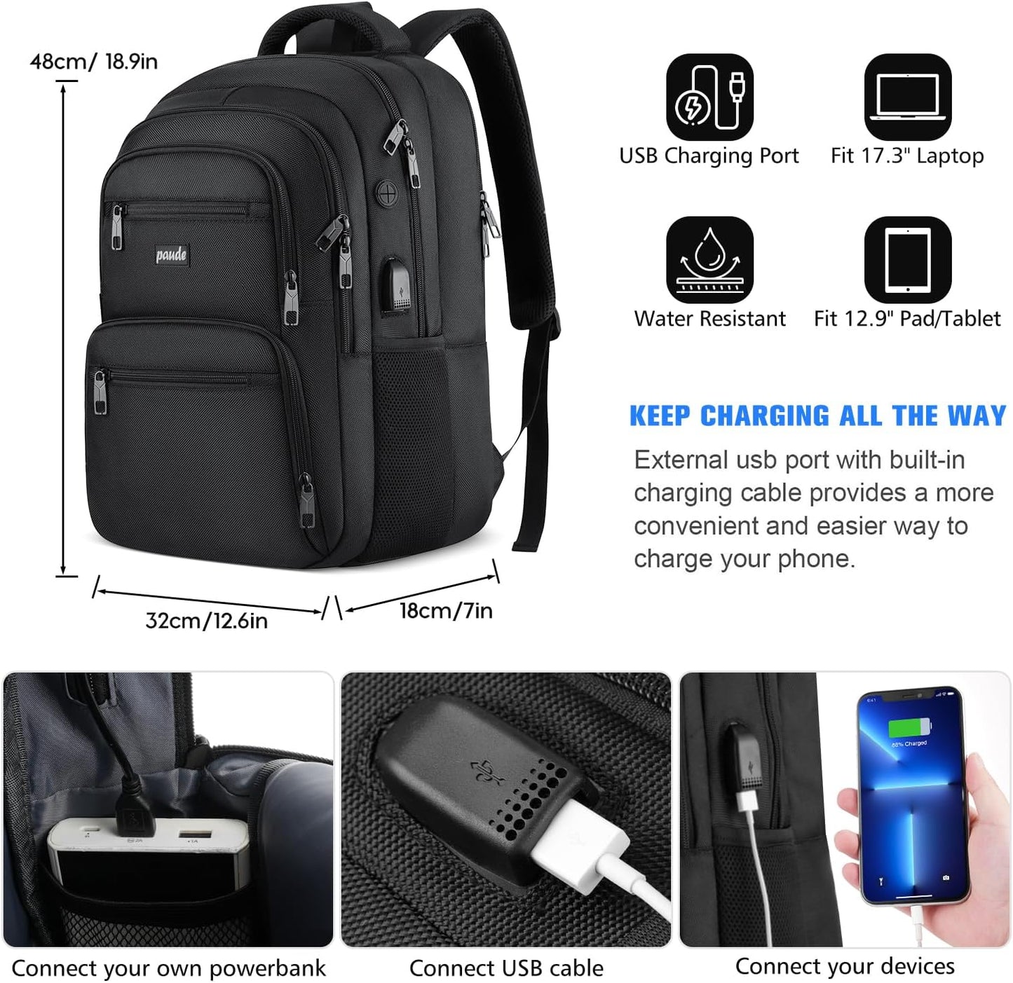 Paude Laptop Backpack, 17.3 Inch School Backpack Large Bookbag with USB for High School College Students Office Business,Waterproof