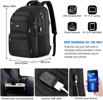 Paude Laptop Backpack, 17.3 Inch School Backpack Large Bookbag with USB for High School College Students Office Business,Waterproof