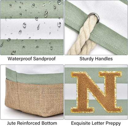 Becokan Beach Bag Initial Beach Tote with Makeup Bag for Travel Work Storage Personalized Birthday Gifts for Women Her