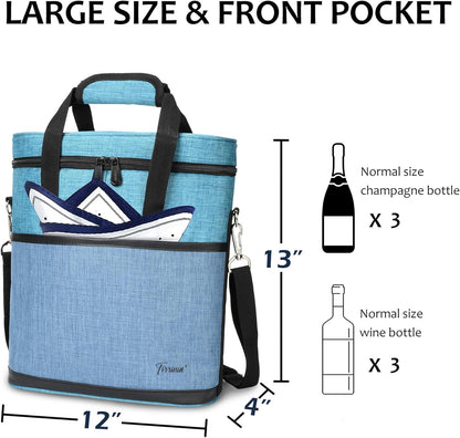 Tirrinia Insulated Wine Gift carrier - 3 Bottle Travel Padded Wine Carry Cooler Tote Bag with Handle and Adjustable Shoulder Strap, Blue