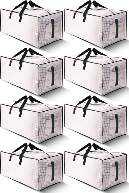 8 Pack Large Strong Moving Bags with Zippers & Carrying Handles - Water-Resistant - Heavy Duty Storage Tote for Space Saving, Fold Flat, Alternative to Moving Box (Semi-Transparent)
