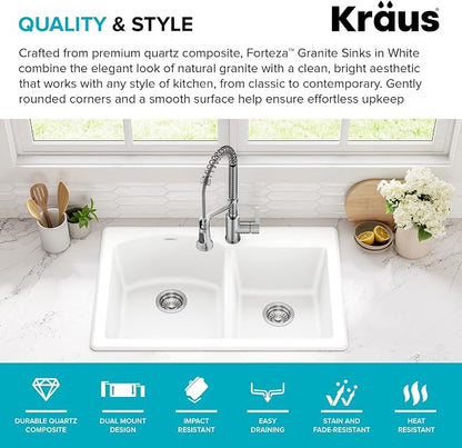 KRAUS Forteza 33-inch Granite Drop In/Undermount 60/40 Double Bowl White - Image 3