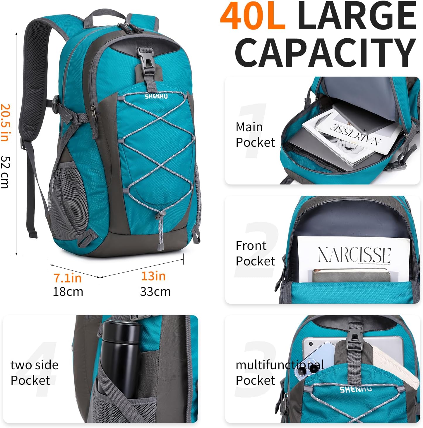 40L Hiking Backpack Lightweight Daypack Waterproof Travel Camping Backpack for Men Women Sport Packable