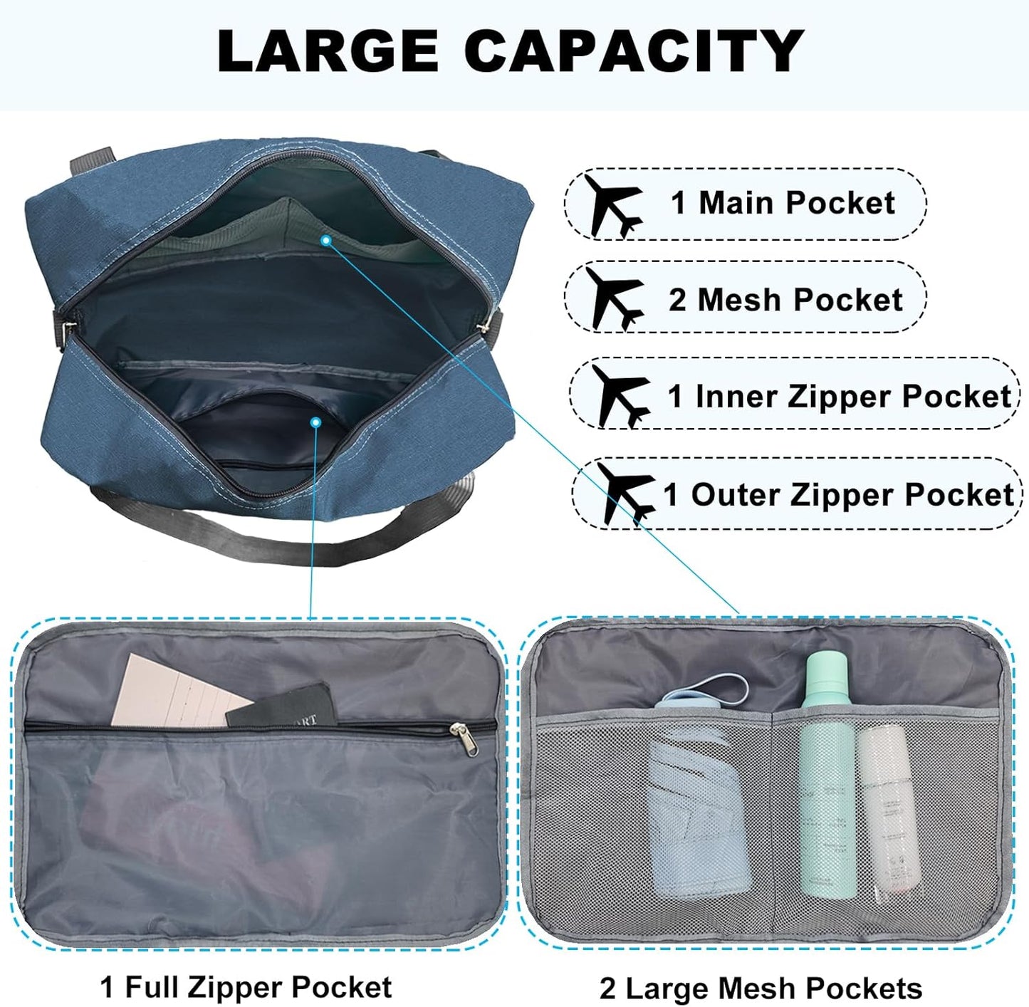 Foldable Carry on Luggage Bag 22x14x9 Personal Item Bag for Airplanes Travel Duffel Bag for Women and Men (40L, Navy)