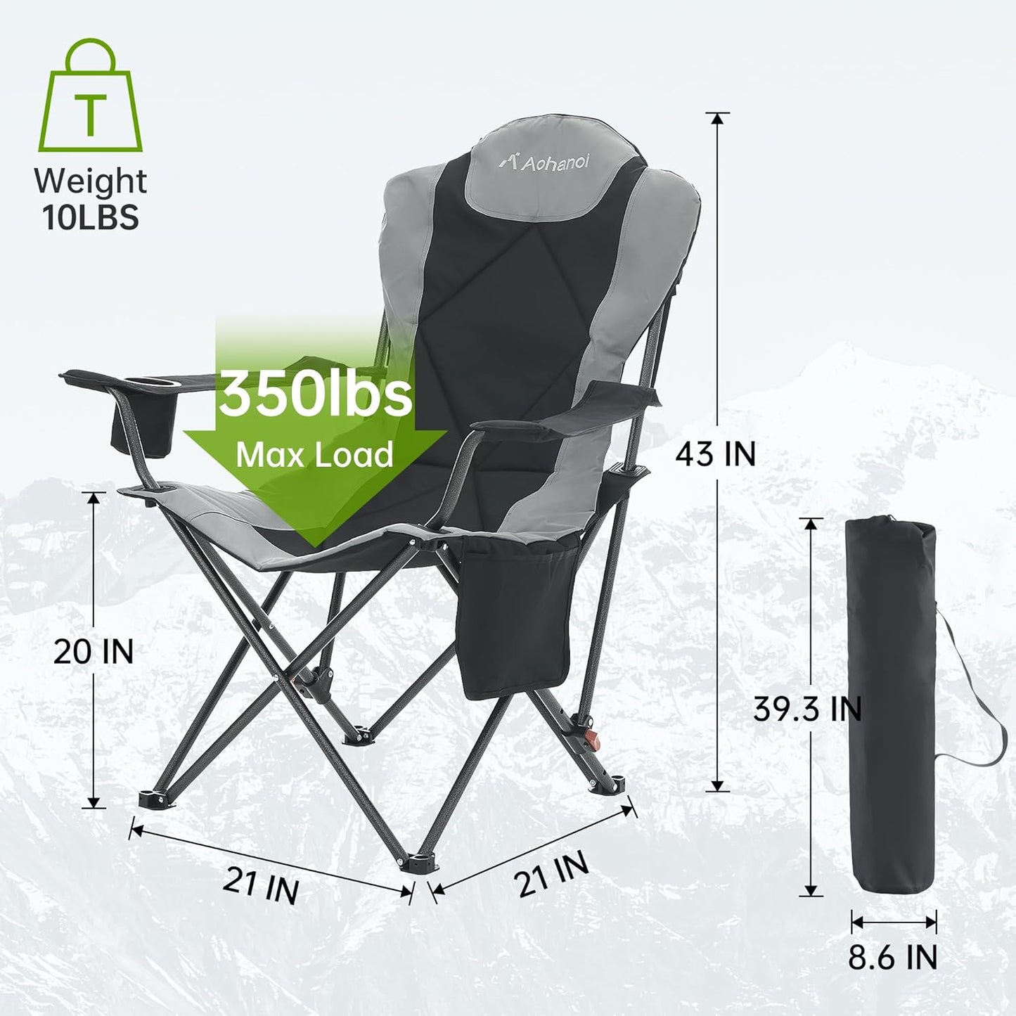 Camping Chairs, Portable Camp Chairs for Heavy People with Adjustable Angled Backrest, Outdoor Folding Camping Chairs for Outside Supports up to 350lbs, Carry Bag Included