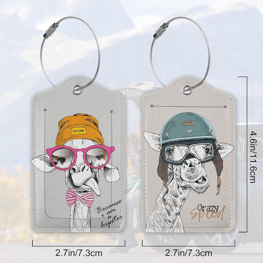 Funny Giraffe 2 Pack Luggage Tag for Suitcase, Cute Unique Leather Bag Tags Identifiers Privacy Cover ID Label with Durable Steel Loop for Women Men Kids Girls Travel