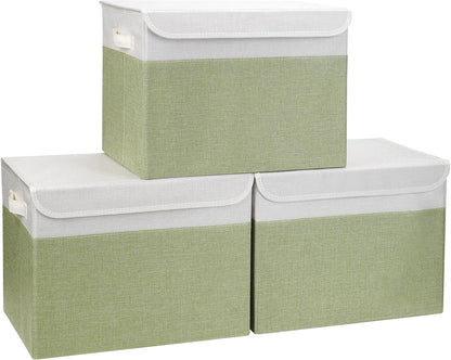 Large 17" 42 Quarts Collapsible Stackable Storage Bins with Lids [3-Pack] Foldable Fabric Linen Storage Boxes Cube, Closet Organizer Baskets with Label for Home (16.7 x 12 x 12", Green & White)