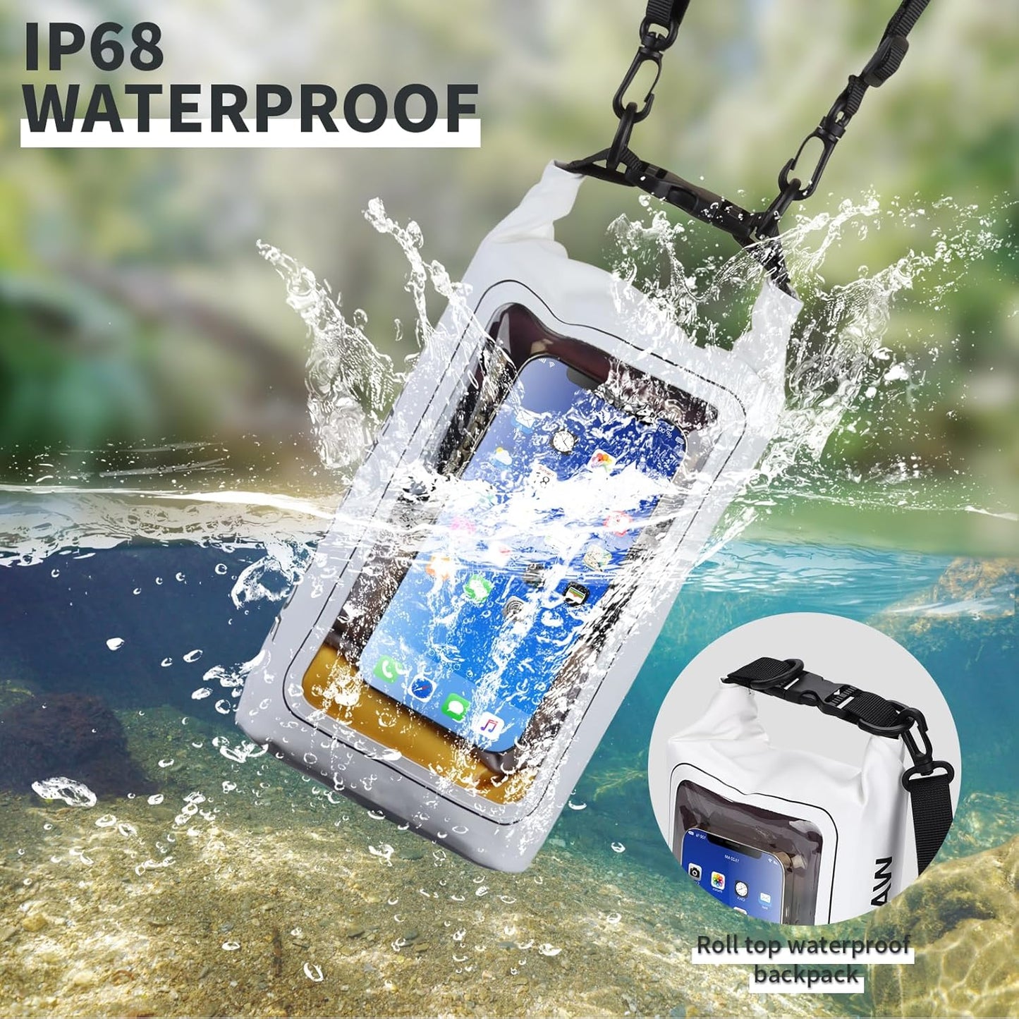 IP68 Waterproof Dry Bag, 2L - Roll Top Waterproof Pool Bag，Dry Bags for Kayaking Waterproof-w/Phone Pouch,Large Waterproof Phone Pouch,Boating & Kayak Accessories Camping (White)