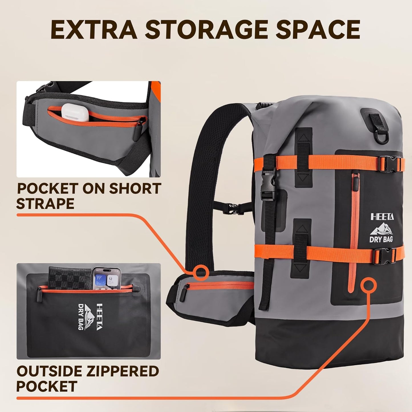 HEETA Dry Bags Waterproof Backpack 40L for Men & Women, Roll Top Heavy Duty Cushioned Hiking Backpack for Kayaking Boating Paddle Boarding Fishing Travel Camping Beach Vacation Cruise Ship Essentials