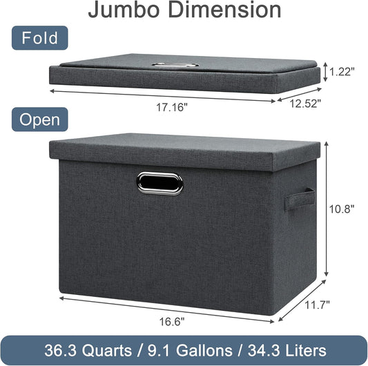 Large 17" 36 Quart Collapsible Stackable Storage Bins with Lids, 3 Packs Dark Gray Foldable Fabric Closet Storage Boxes with Lids, Heavy-duty Linen Cube Baskets(17x12x11)