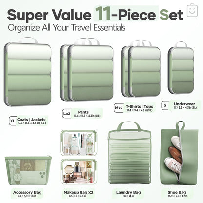 Veken 11 Set Compression Packing Cubes for Travel Essentials,Compressible Expandable Large Luggage Suitcase Organizer Bags for Clothing,Durable Space Saver Storage Bags(Matcha Green)