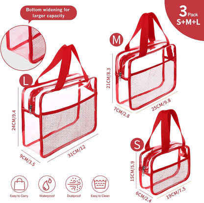 XEWEA Clear Travel Toiletry Bags, 3 Pack TSA Approved Transparent Makeup Bag for Men Women, Large Waterproof PVC Quart Organizer Kit with Zipper for Toiletries Airline Essential,Toy Storage Pouch Red