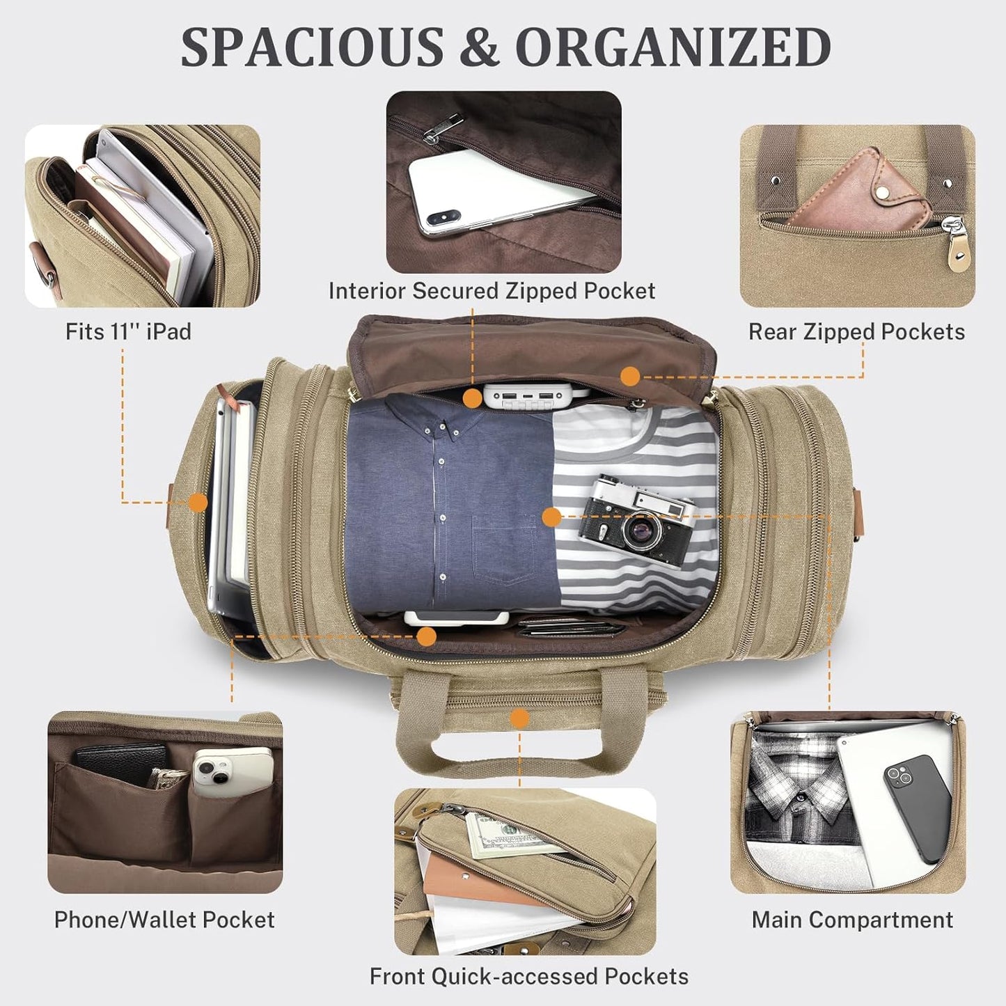 Gonex Canvas Duffle Bag for Travel 50L Expandable Duffel Weekend Overnight Bag (Khaki)