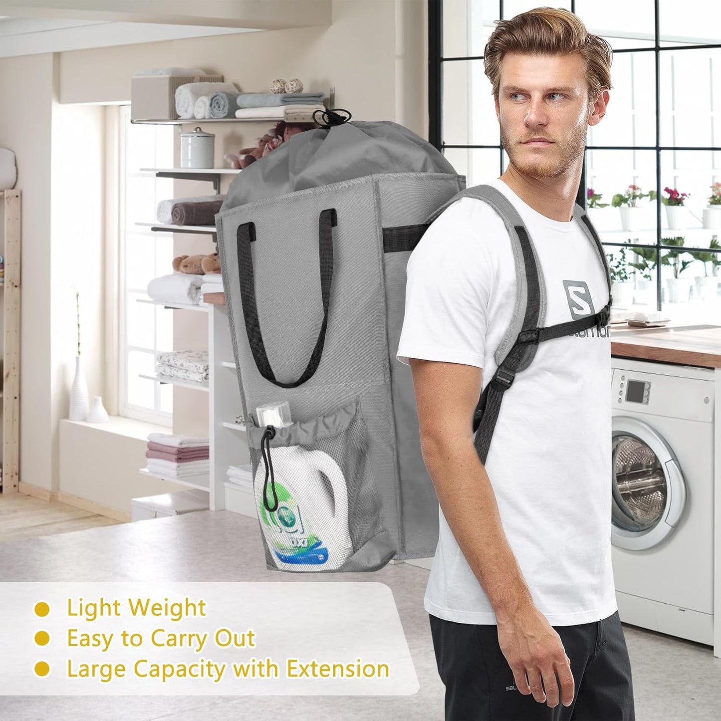 Laundry Bag Backpack Extra Large, 110L Laundry Backpack Heavy Duty with Shoulder Straps, Collapsible and Mesh Pocket Dorm Laundry Basket Hamper Bag for College, Travel, Laundromat, Apartment Grey
