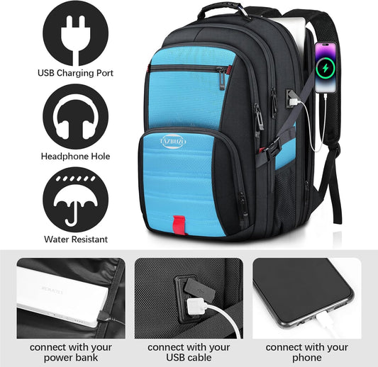 18.4 Inch Extra Large Backpack, Carry on Backpack, 55L Travel Laptop Backpack, Water Resistant Casual Hiking Daypack, Computer Bag with USB Port, College School Backpack for Men Women, Blue