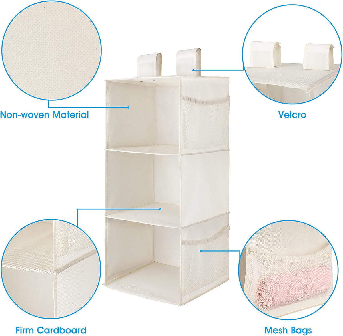 MAX Houser 3-Shelf Hanging Closet Organizer, Hanging Sweater Organizer, Foldable Hanging Shelves for Closet with 2 Velcro, Beige