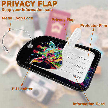 Bright Colourful Giraffe Leather Luggage Tag for Suitcase 2 Pack Luggage Tag with Privacy Name ID Label and Stainless Steel Loop for Travel Bag Suitcase