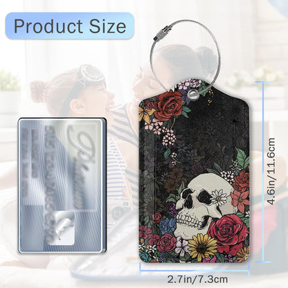 Skull Flowers Luggage Tags,2 Pack Luggage Tag,Leather Privacy Cover ID Label with Stainless Steel Loop for Women Men Kids Girls Travel