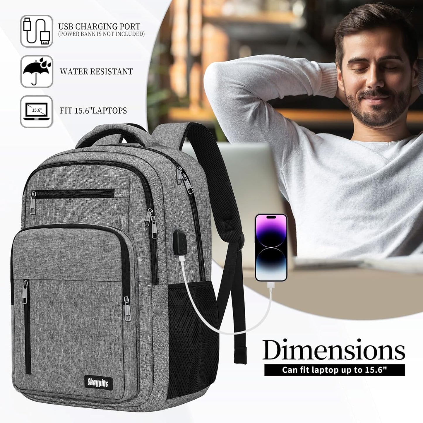 Backpack for Women Men, School Backpack for Boys Girls Teens, Work Computer BookBag, 15.6 inch Laptop Water Resistant Anti Theft Backpack Gifts for men women, Grey