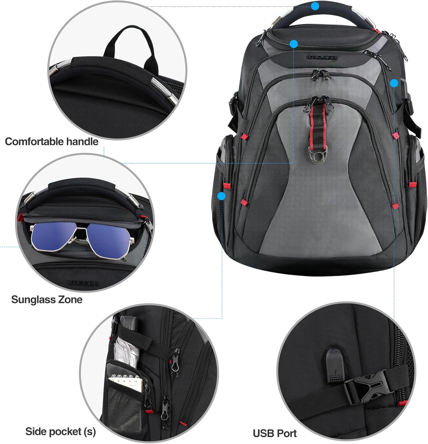 KROSER Travel Laptop Backpack 17.3 Inch XL Computer Backpack with Hard Shell Saferoom RFID Pockets Water-Repellent Business College Daypack Stylish Bag for Men/Women-Black Grey