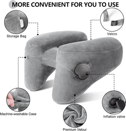 Sunany Neck Pillow for Travel Inflatable Airplane Pillow Comfortably Supports Head, Neck and Chin, Inflatable Travel Pillow with Soft Velour Cover and Portable Drawstring Bag (Grey)