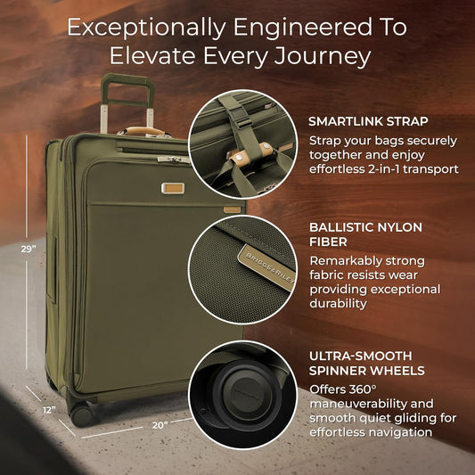Briggs & Riley 29" Large Expandable Spinner - Checked Luggage for Travel, Suitcases with Wheels, Softside Rolling Bag for Men & Women, Self-Repairing Zipper - Baseline Collection, Olive