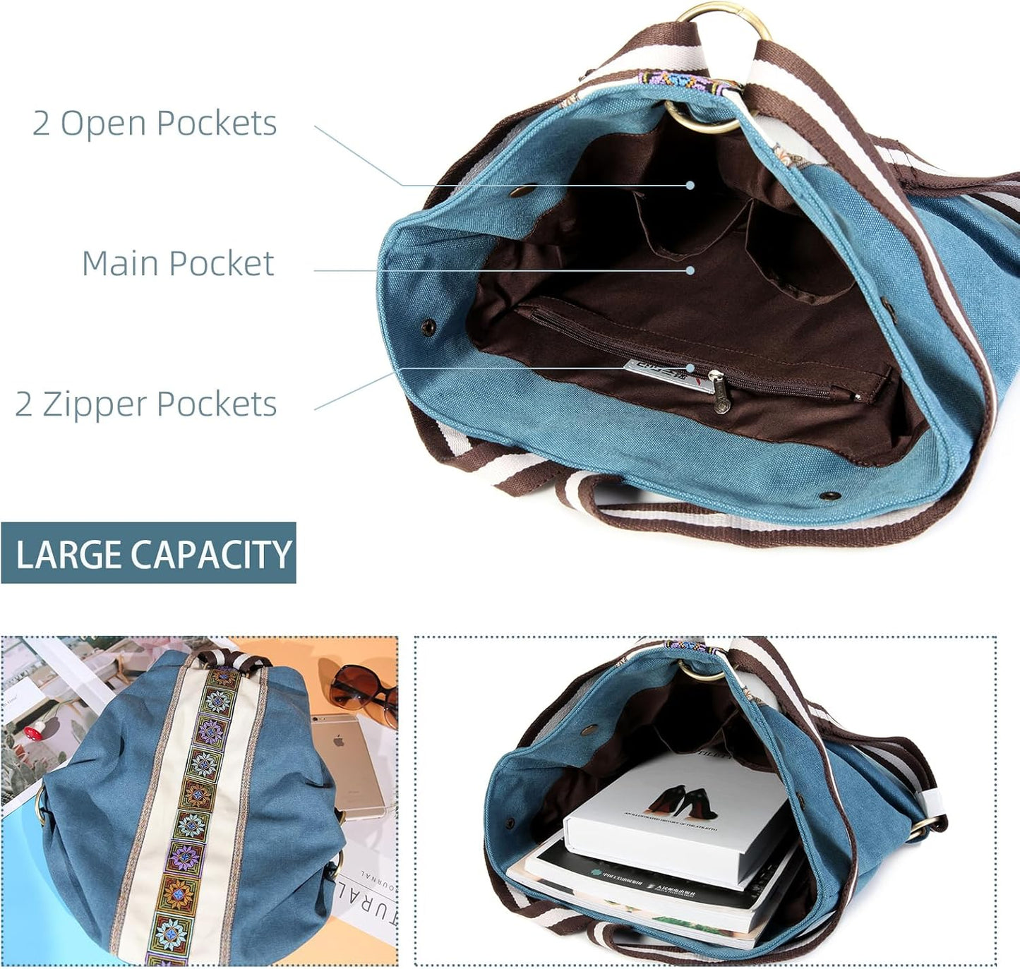 Goodhan Women Canvas Backpack Daypack Casual Shoulder Bag, Vintage Heavy-duty Anti-theft Travel Backpack (Green Blue)