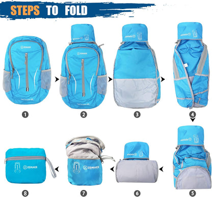 ZOMAKE Ultra Lightweight Packable Backpack 25L, Foldable Hiking Backpacks Water Resistant Small Folding Daypack for Travel(Light Blue)
