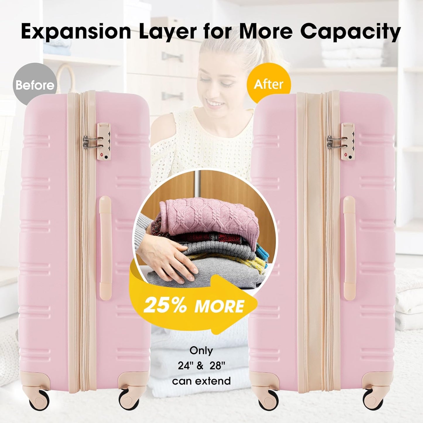 Merax Luggage sets of 2 Piece 20 28 IN Carry on Luggage Hard Case White Pink Luggage Expandable Checked Luggage Suitcase Set with Wheels