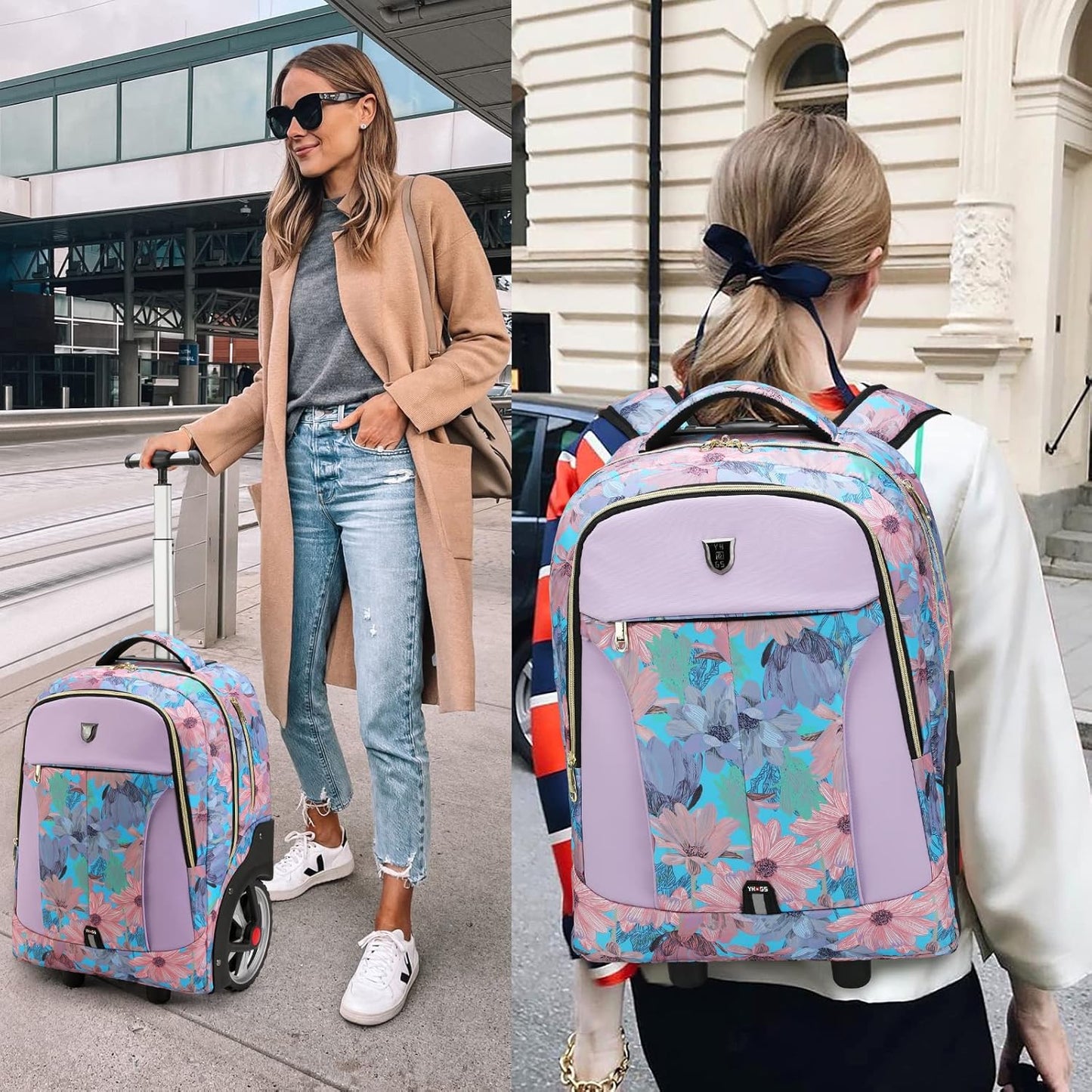 Rolling Backpack,Waterproof Backpack with Wheels for Business and Travel Commuter, Carry on Backpack with Laptop Compartment, Fit 17 Inch Laptop, Wheeled Backpack for Adults