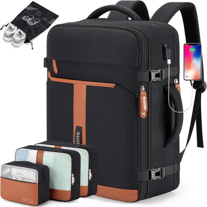 42L Travel Laptop Backpack, Expandable Carry-on Luggage, Anti-Theft Business Weekender Bag with USB Port, 3 Packing Cubes & Shoe Bag (Black)