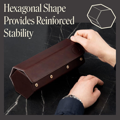 Napa Leather Watch Rolls for Men - Hexagon Triple Watch Roll Travel Case for 3 Watches - Storage Organizer Genuine Leather with Velvet Interior Display (Brown/Gray)