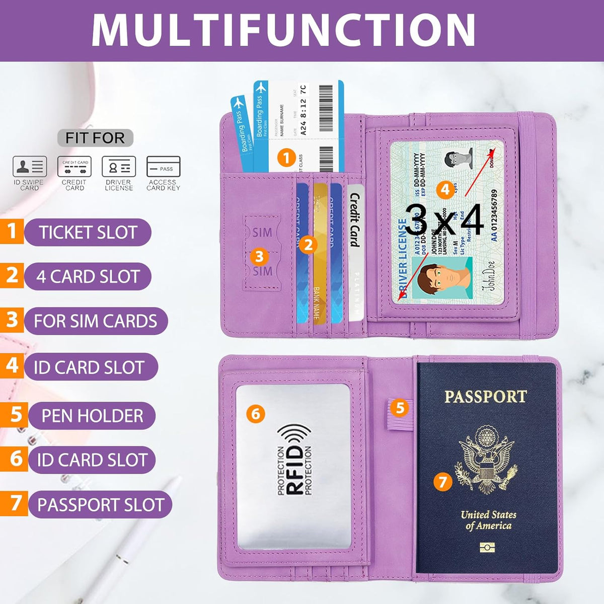 Melsbrinna RFID Passport Holder for Travel, Unisex Adults, Purple, Faux Leather, Travel Wallet, Passport Cover, RFID Protected