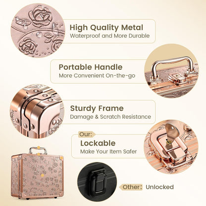 Makeup Case with Magnetic Lighted Mirror Cosmetic Train Box Detachable LED Mirror Adjustable Brightness in 3 Colors Waterproof Storage Organizer Artist Suitcase with Dividers Brush Holder, Rose Gold