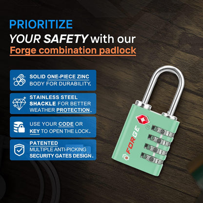 Forge Dual-Opening: Key or Combination Access Lock, TSA Approved Locks for Luggage, Pelican case, Travel, Gym, School, Stainless Steel Shackle. (Green, 4 Pk)