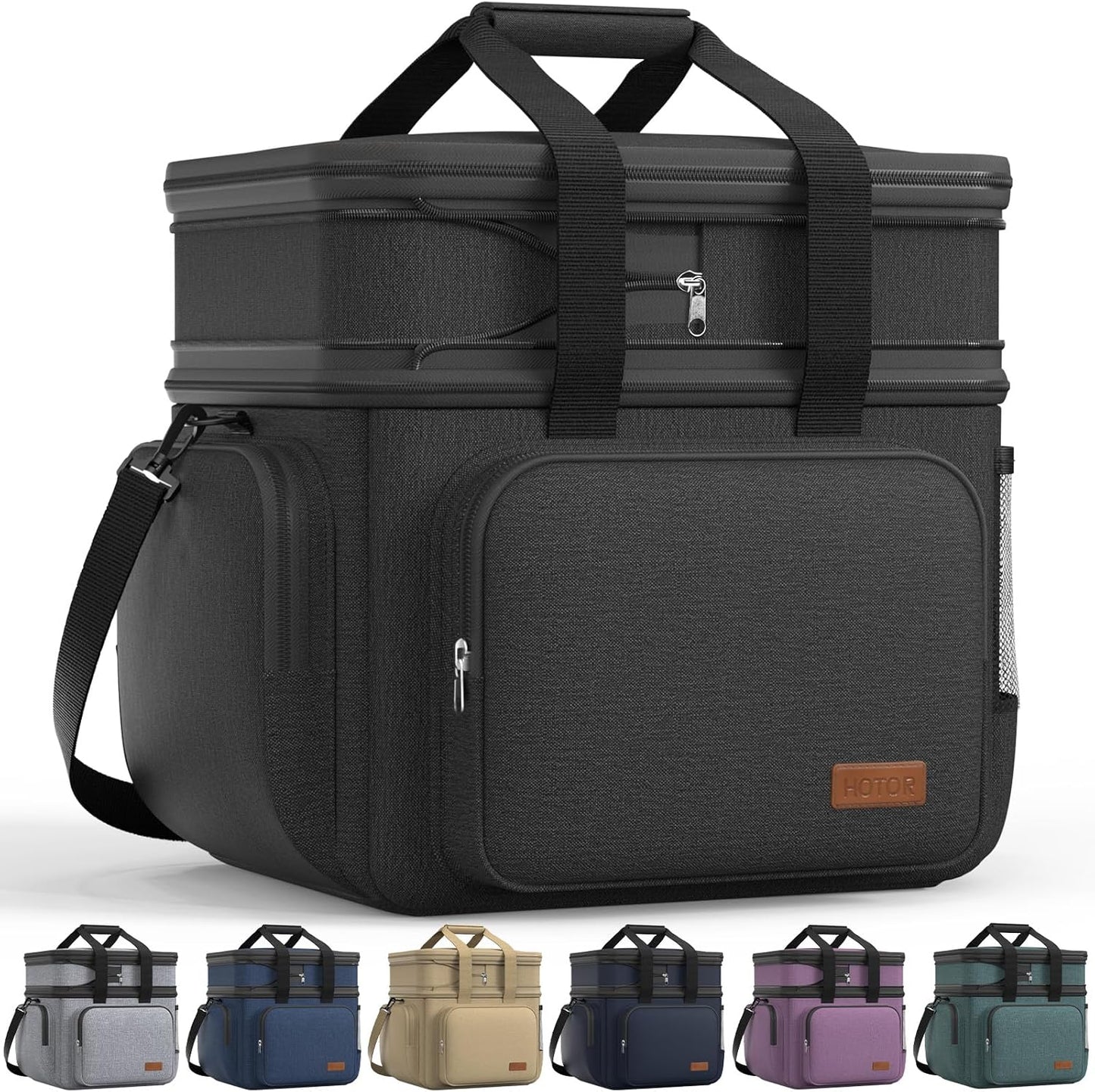 HOTOR Lunch Box for Men and Women - Leak-Proof Insulated Lunch Cooler Bag with Adjustable Strap, Multiple Pockets for Office, Picnic, Hiking, Beach, 2 Layer, 32L, Black, 14.6" x 10.7" x 13.0"