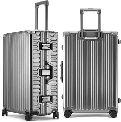 ROAMING Zipperless Luggage 28 Inch with Aluminum Frame, Checked-Large Lightweight 3-Layer PC Hard Shell Suitcase with Spinner Wheels, Metal Travel Luggage with Three TSA Locks, gray
